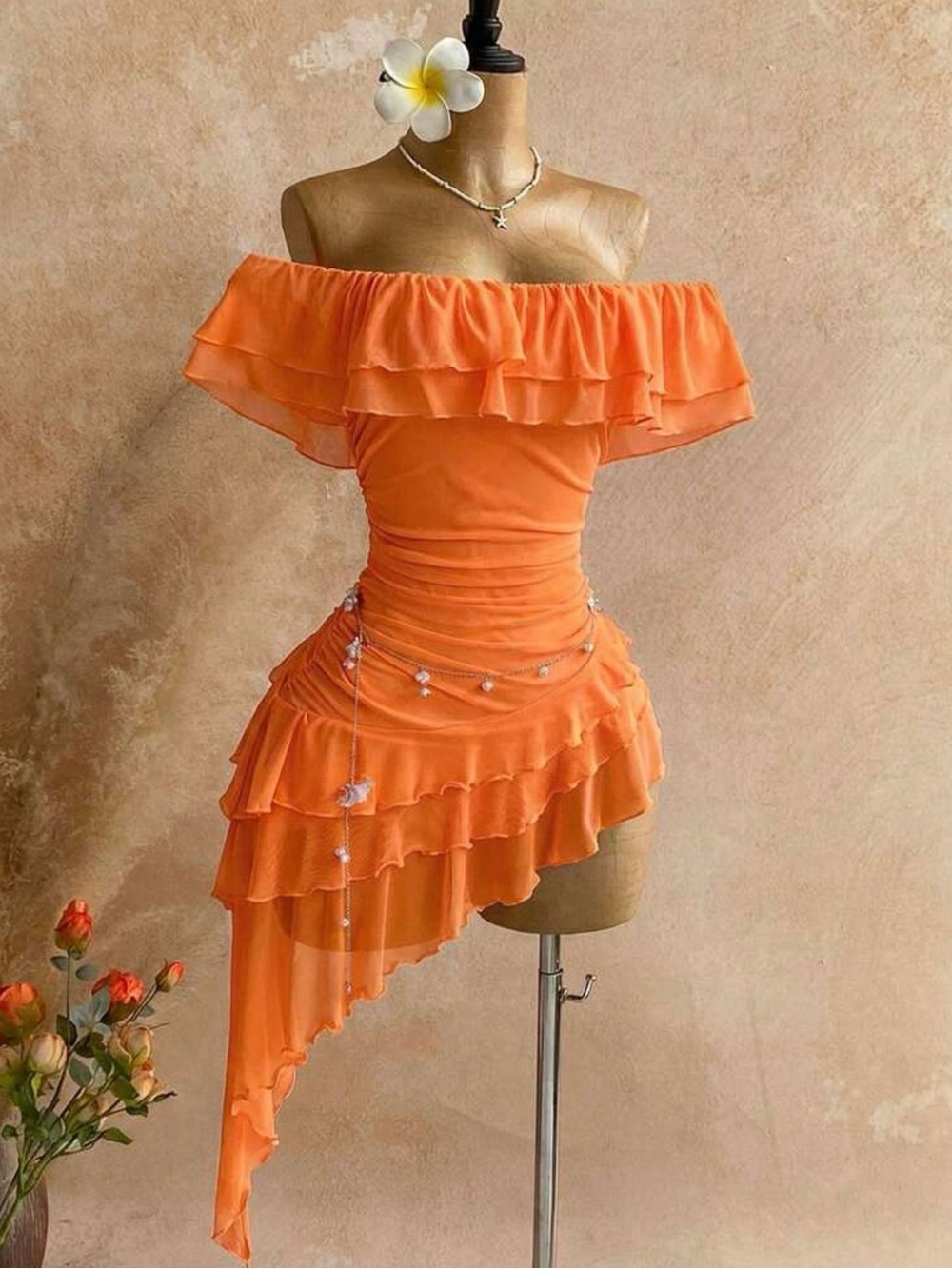 Off-Shoulder Orange Asymmetrical Ruffle Dress brand new